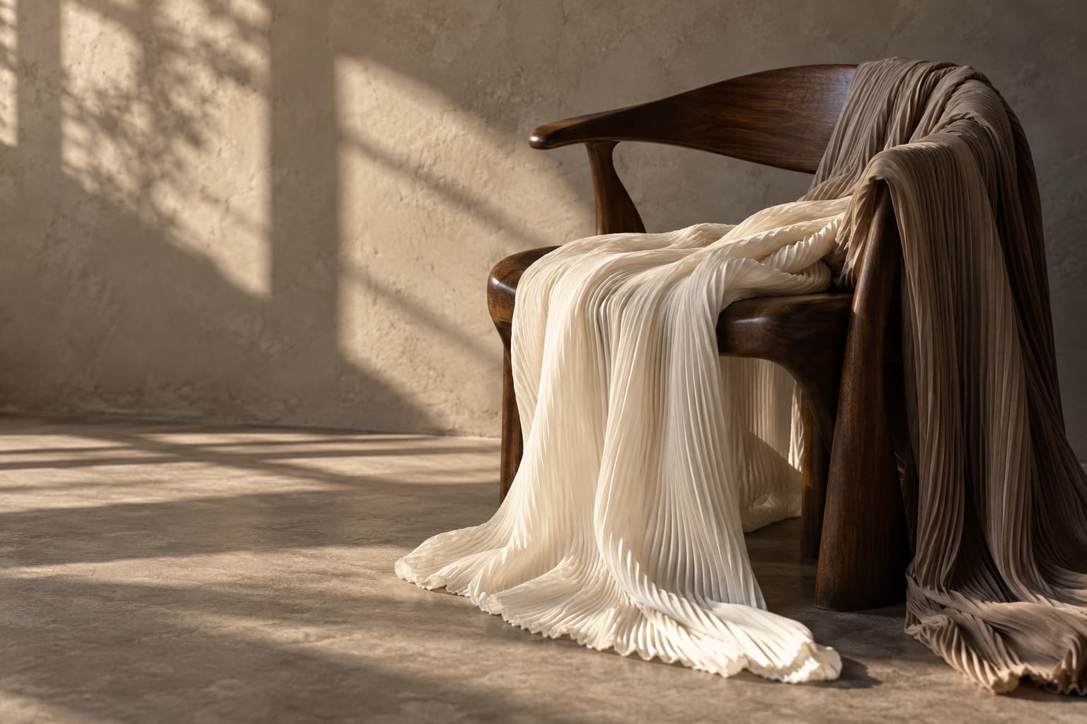 Ivory and taupe pleats draped over walnut in afternoon light